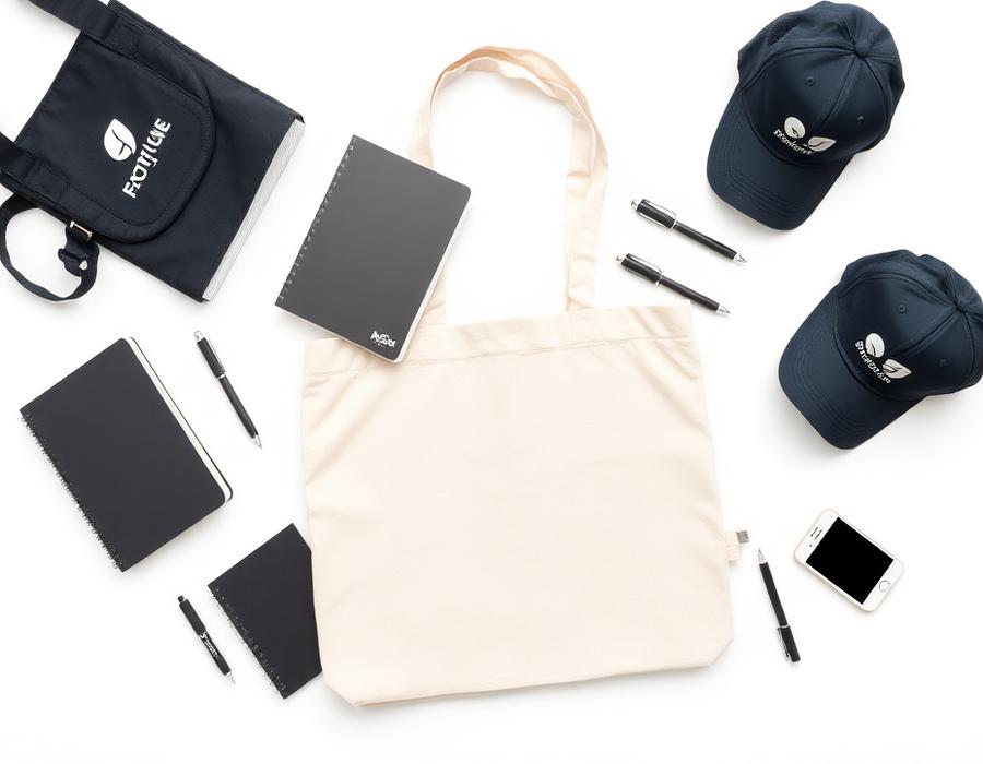 Branded tote bags, notebooks, pens and caps flat lay